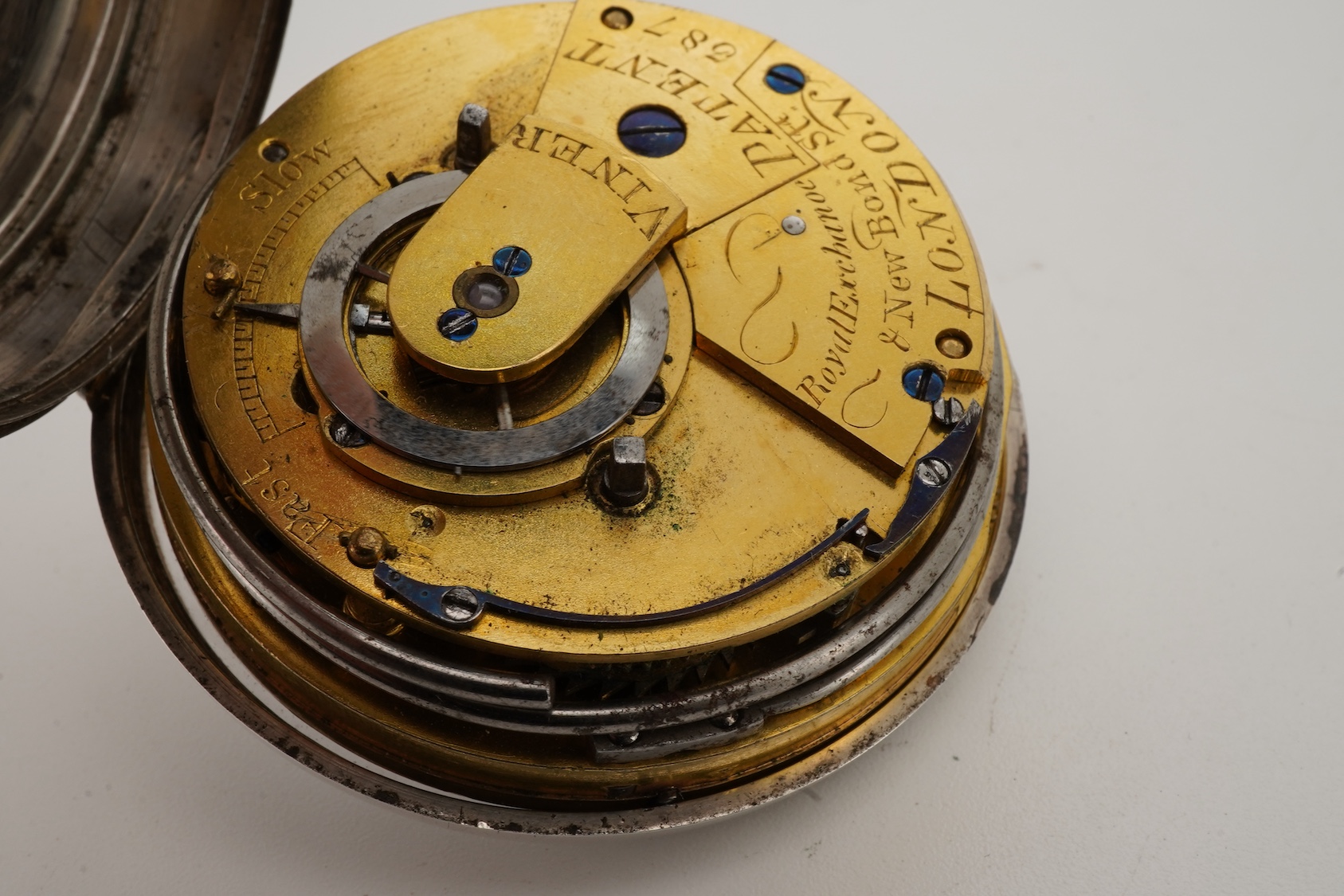 A late George III silver pair cased single fusee lever keywind patent pocket watch with alarm, by Viner, Royal Exchange & New Bond Street, London